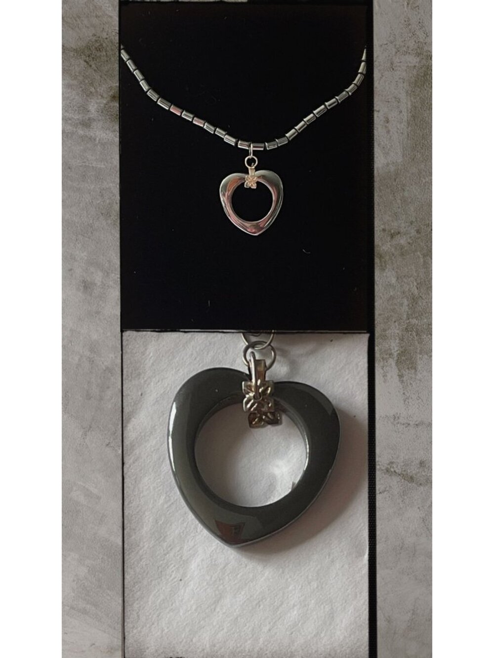 Vintage 90s Natural Hematite Heart Pendant Necklace Tubular Beads